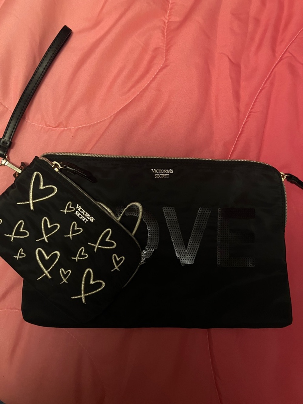 Victoria's Secret Black Sequin LOVE Wristlet Set with Heart Pouch